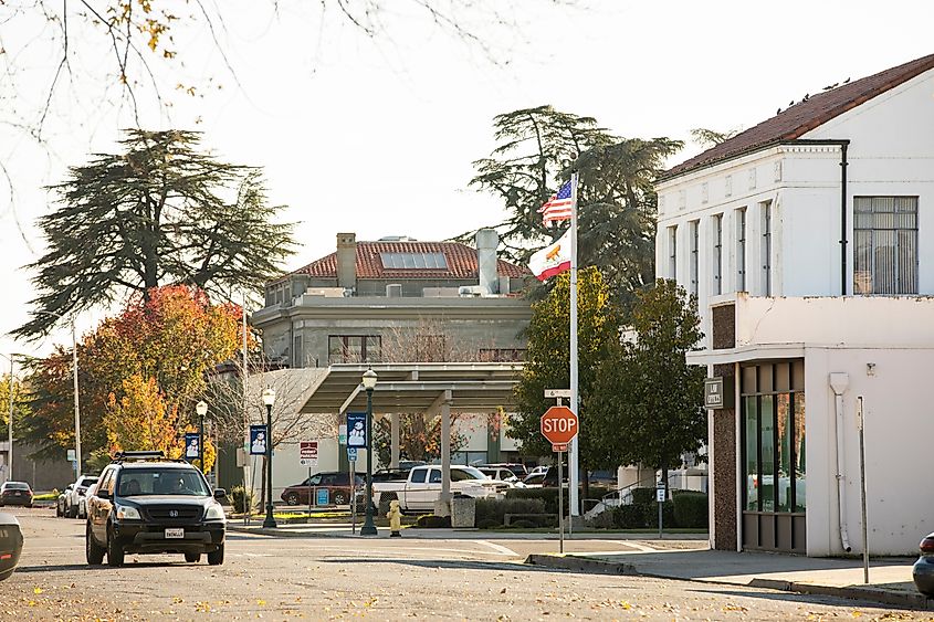 Traffic through downtown Marysville, California.