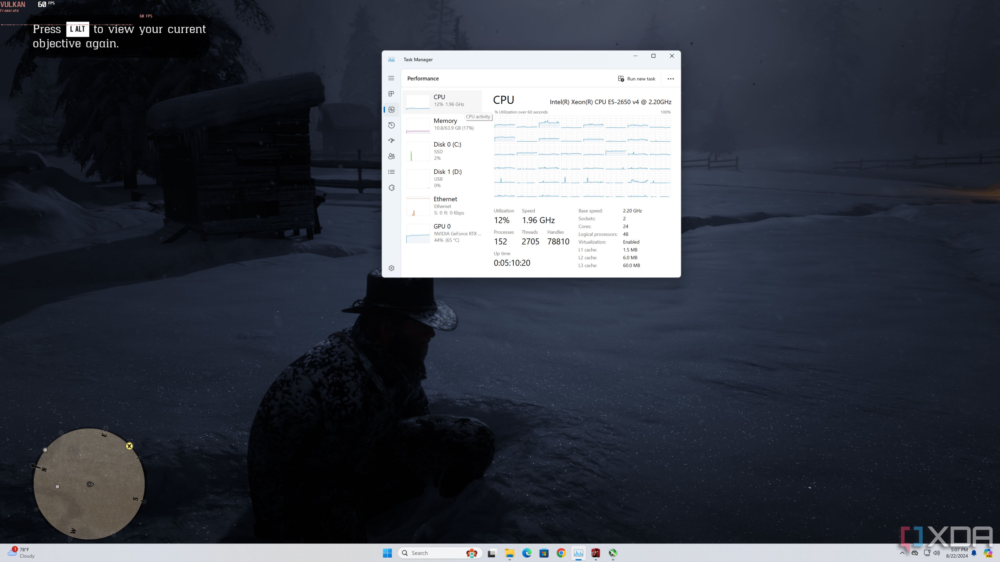 Task Manager shows high CPU usage by default when running Red Dead Redemption 2