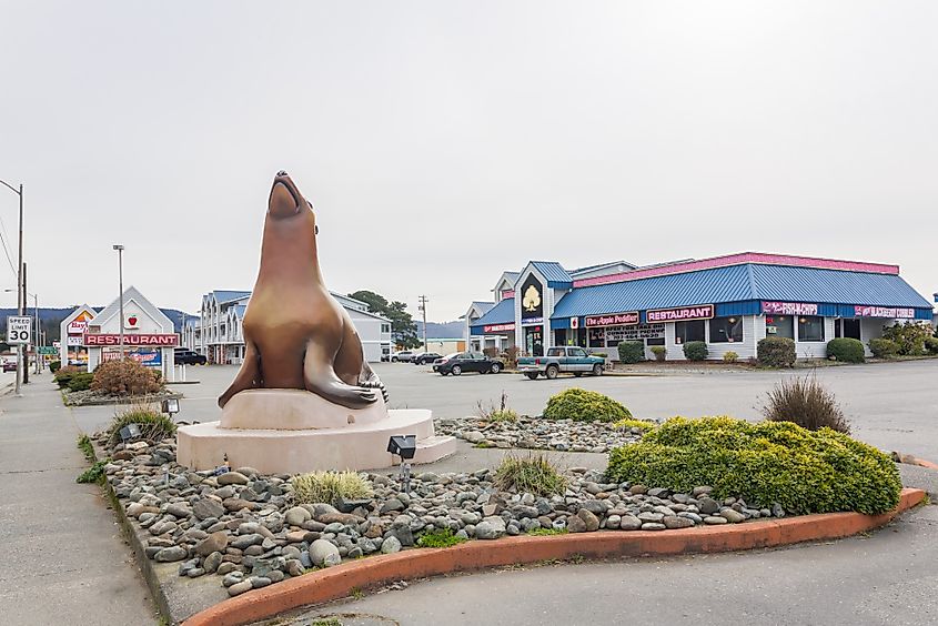 Street view near the Ocean World Aquarium in Crescent City, California, with a sea lion in the foreground.