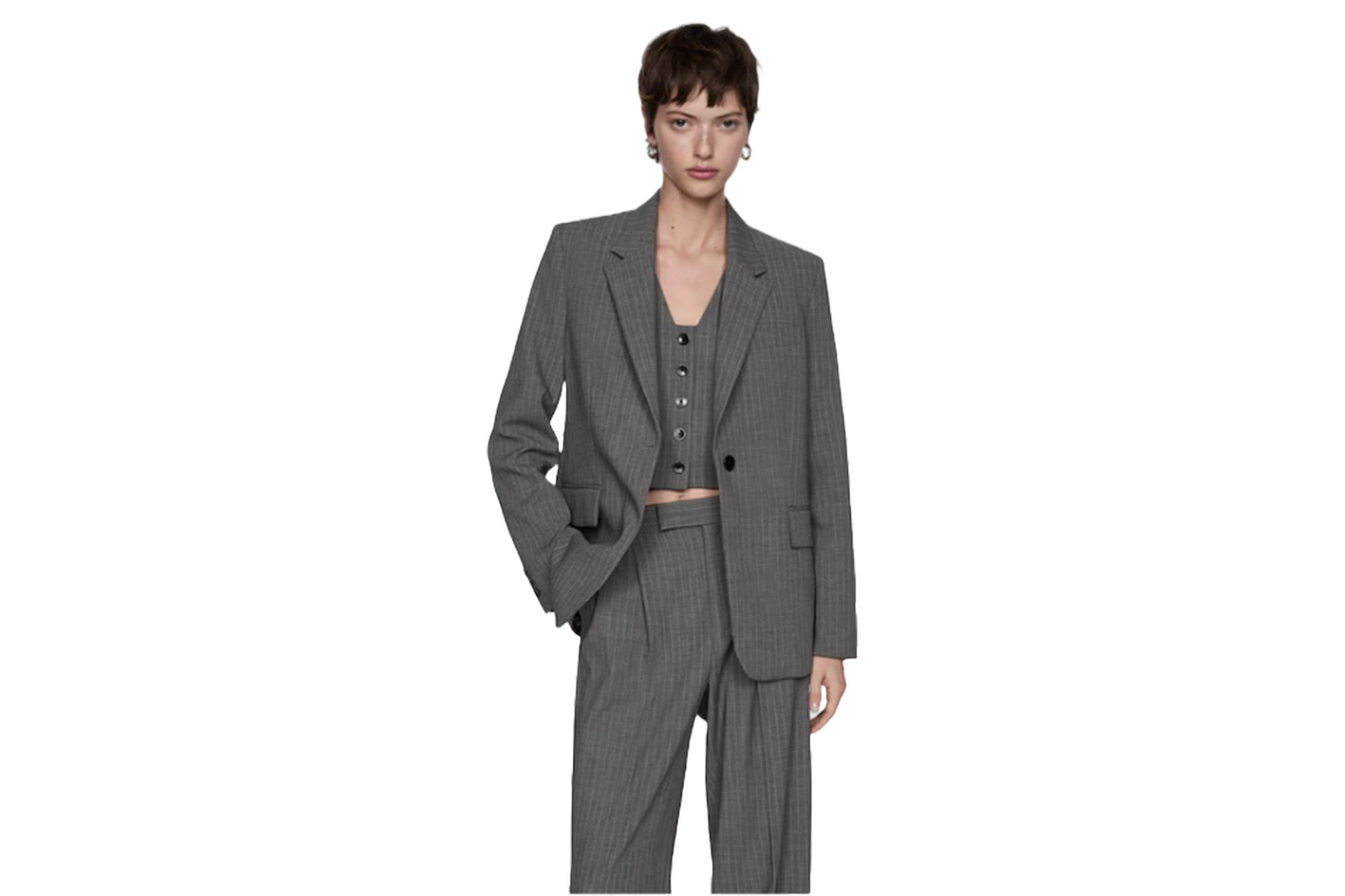 For example with a gray pinstripe blazer