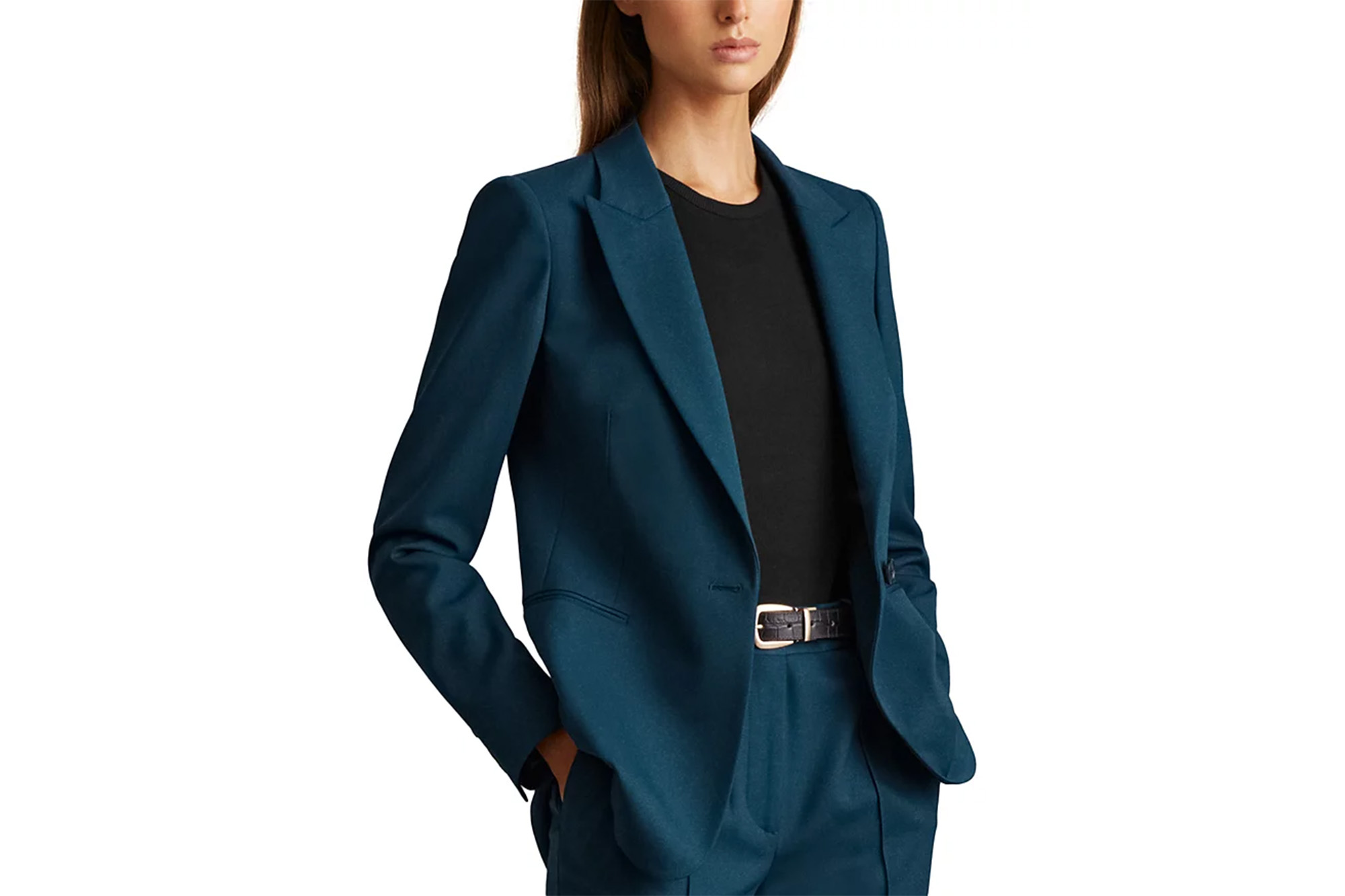 Teal blazer on model