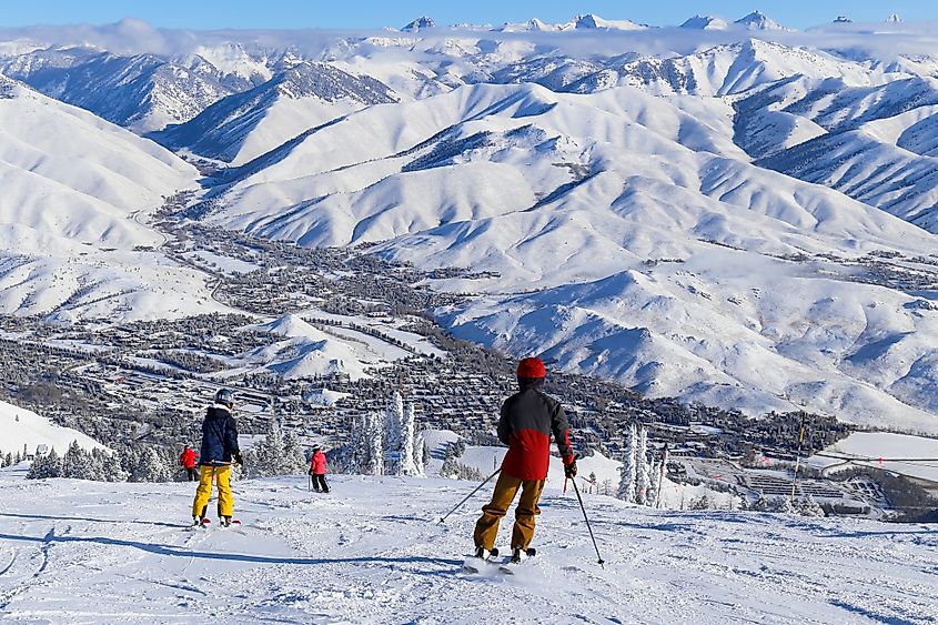 Skiing atop Baldy Mountain above the town of Sun Valley, Idaho