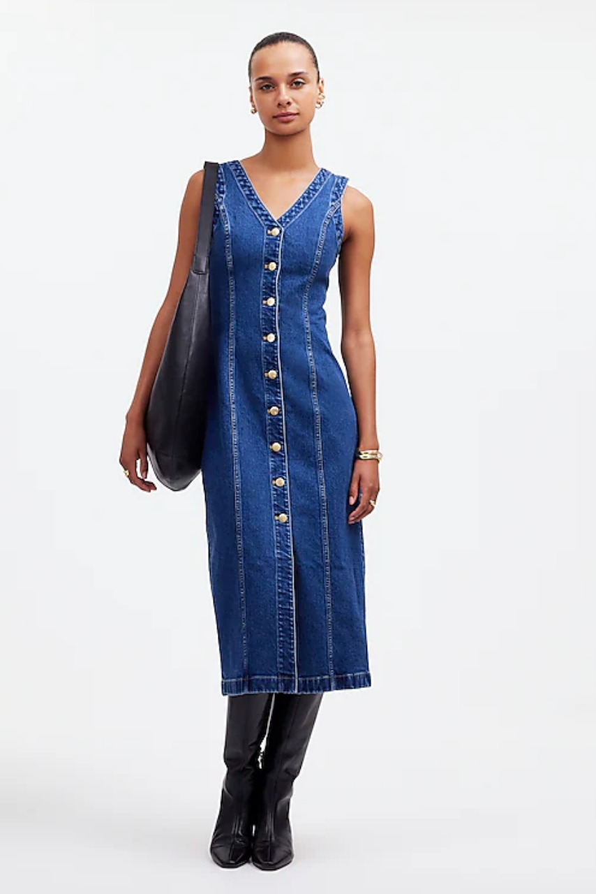 Denim V-Neck Midi Dress in Handlon Wash