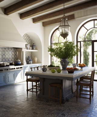 European kitchen with wooden beams, delft tiles and island