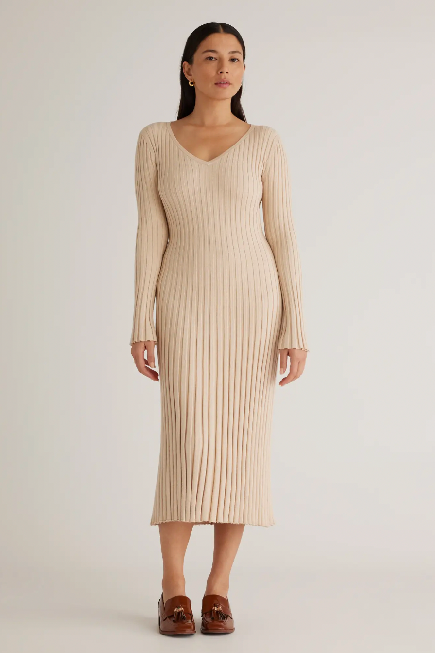 Cotton Cashmere Ribbed Long Sleeve V-Neck Midi Dress