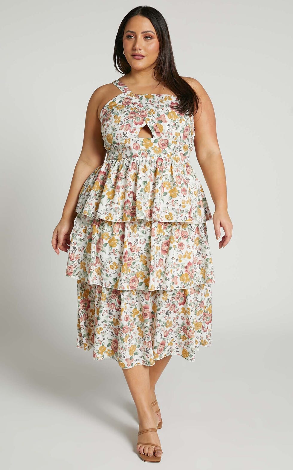 Caro Midi Dress—One Shoulder Tiered Dress in Multi Floral